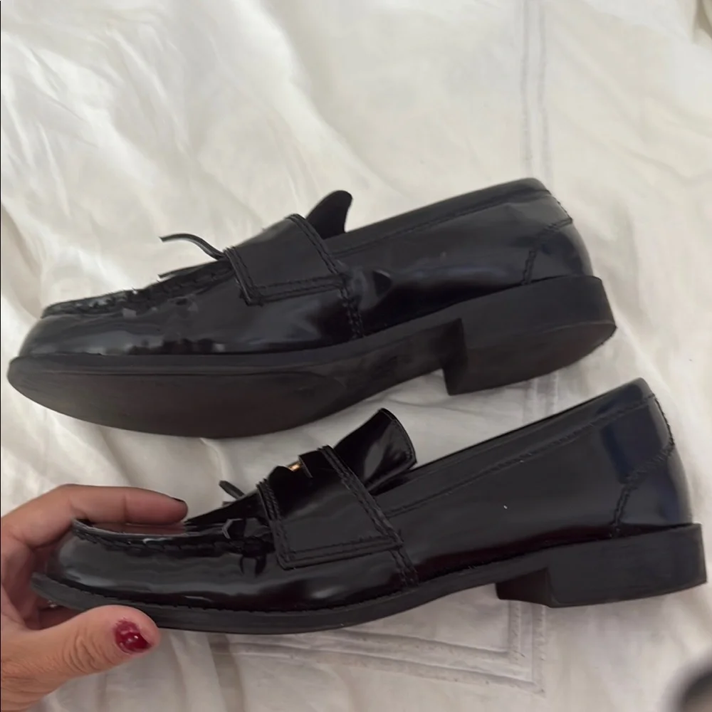 Zara Black Patent Leather Tassel Loafers with Gold Accent